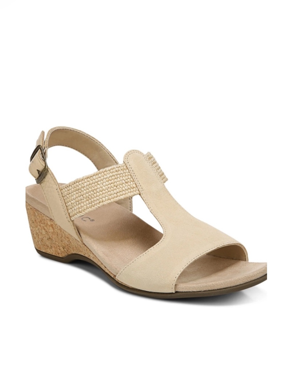 Vionic Kaytie Wedge Sandals Cream Leather Raffia Cork Slingback 7